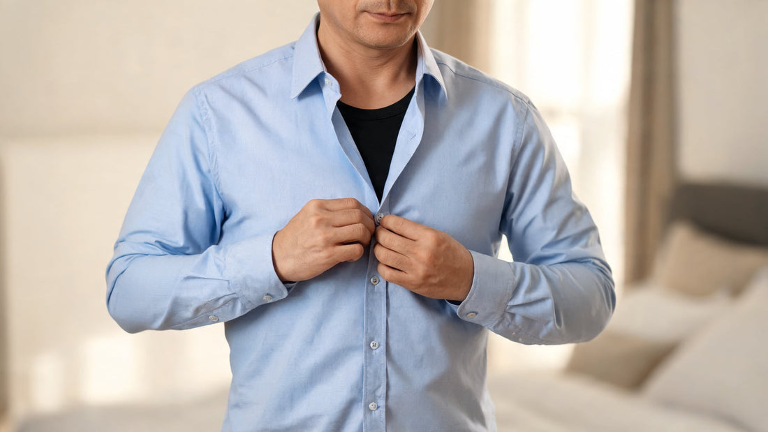 Homme boutonnant une chemise bleu clair par-dessus un débardeur de maintien noir, la chemise tombe droite sans bâiller