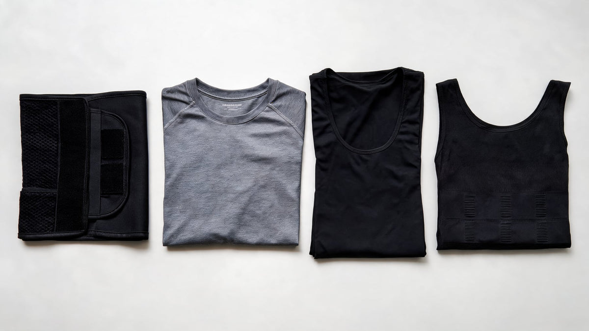 Quatre vêtements de maintien pour homme à plat : ceinture abdominale, t-shirt de compression sportif, gaine intégrale et débardeur de maintien à panneaux nervurés