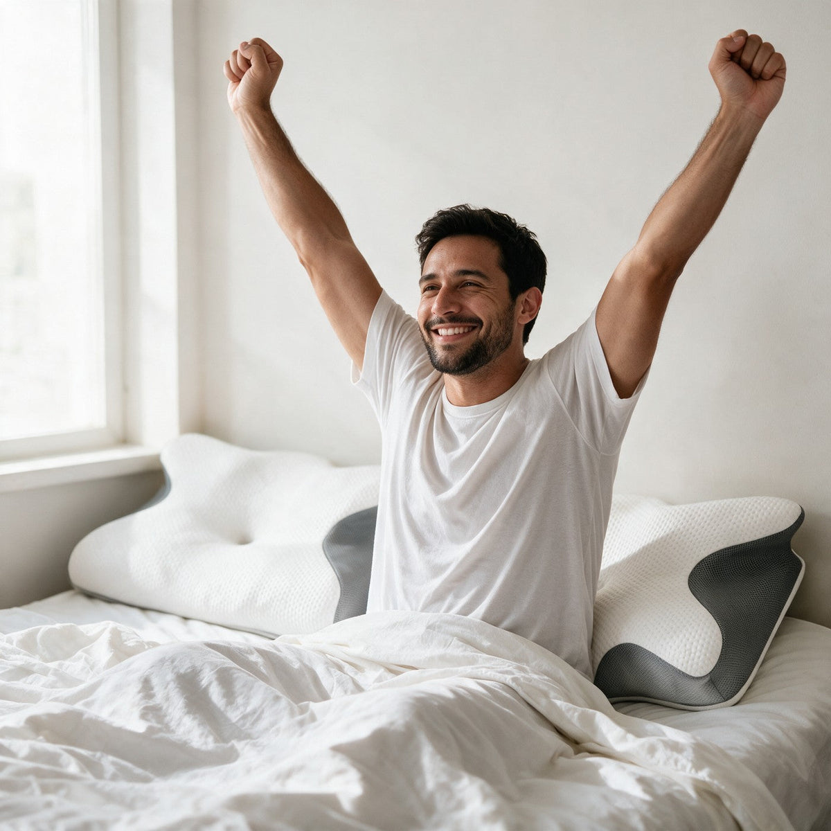 Homme qui s'étire au réveil dans un lit clair