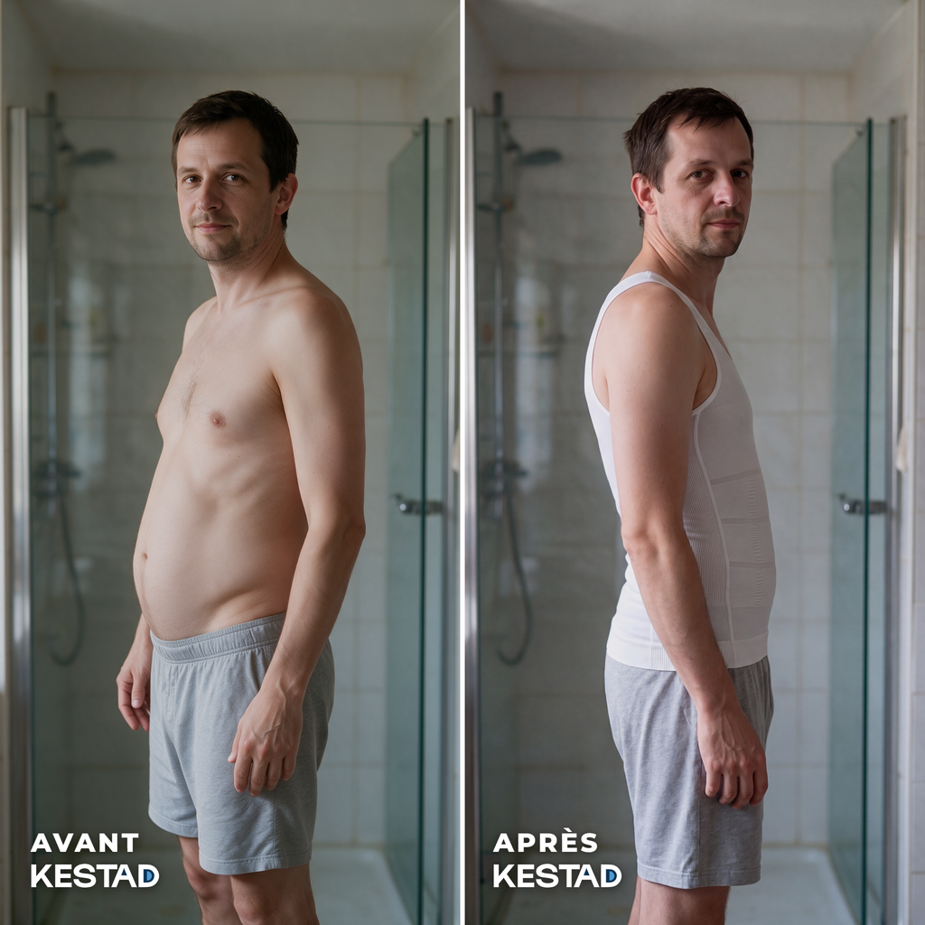 Avant et après le débardeur de maintien KESTAD blanc : le ventre est tenu et la silhouette lissée