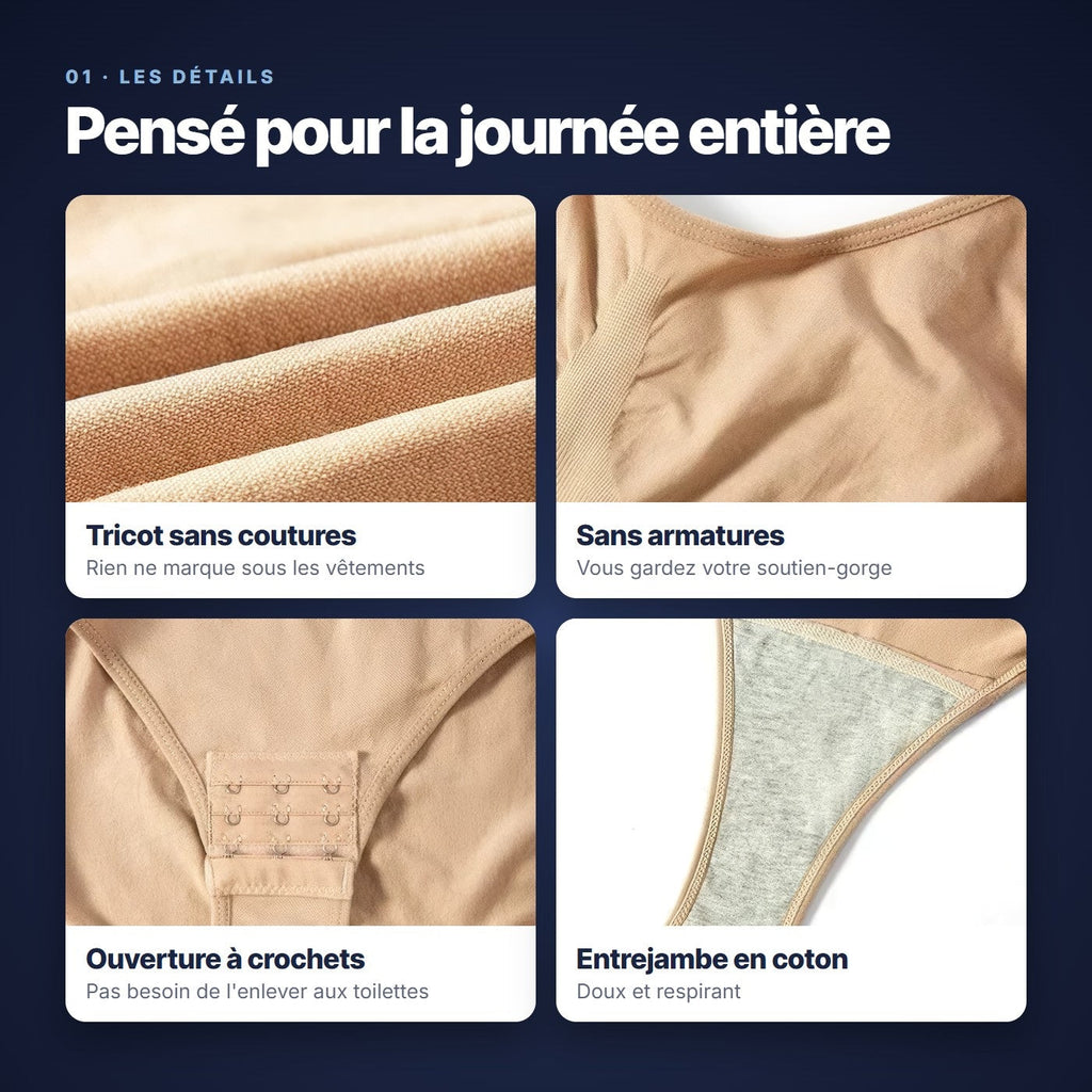 Détails du body gainant : tricot sans coutures, sans armatures, ouverture à crochets, entrejambe en coton