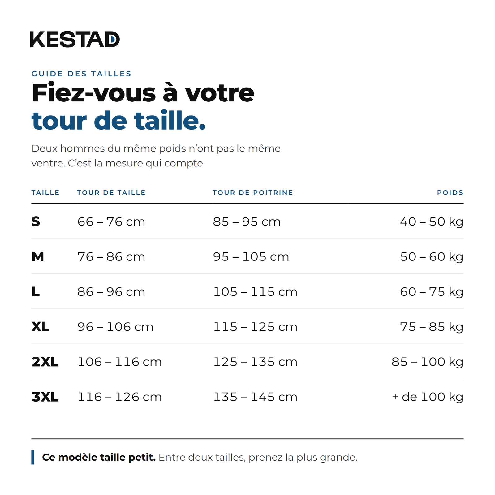 Guide des tailles KESTAD : tour de taille, tour de poitrine et poids du S au 3XL