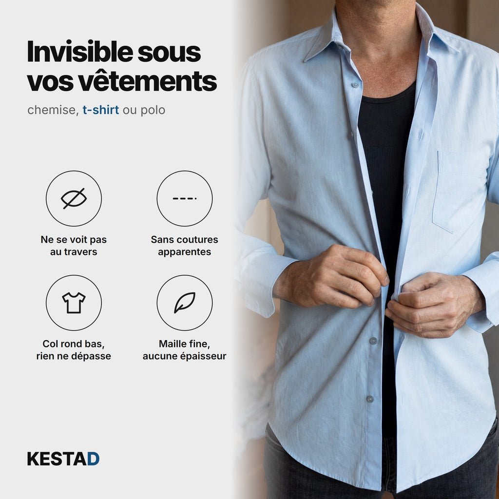 Le débardeur de maintien KESTAD porté sous une chemise : invisible sous une chemise comme sous un t-shirt