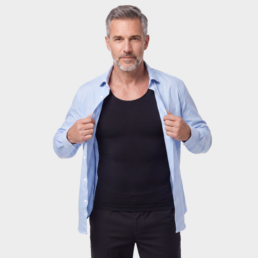 Homme ouvrant sa chemise sur le débardeur de maintien KESTAD, le ventre reste plat