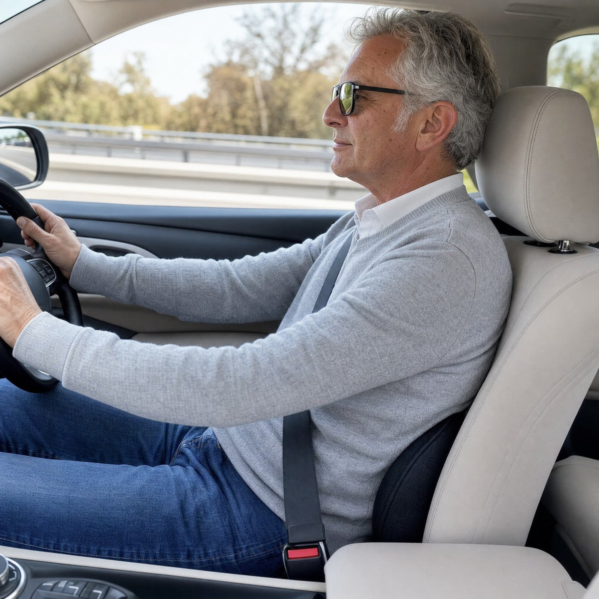 Conducteur assis droit avec un coussin lombaire derrière le bas du dos