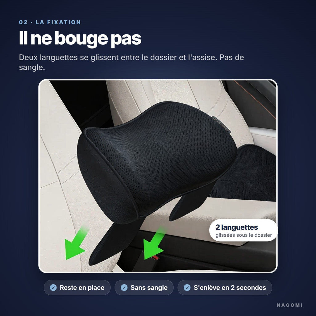 Deux languettes fixent le coussin lombaire NAGOMI entre le dossier et l'assise