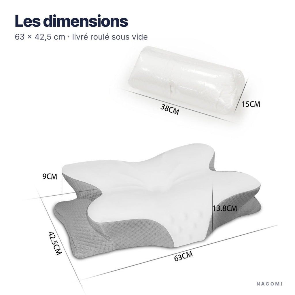 Dimensions de l'oreiller NAGOMI : 63 × 42,5 cm, livré roulé