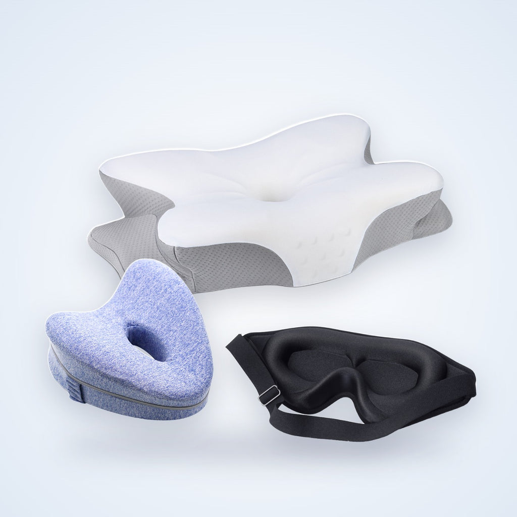 Pack Sommeil NAGOMI : un oreiller cervical, un coussin de genoux et un masque de nuit