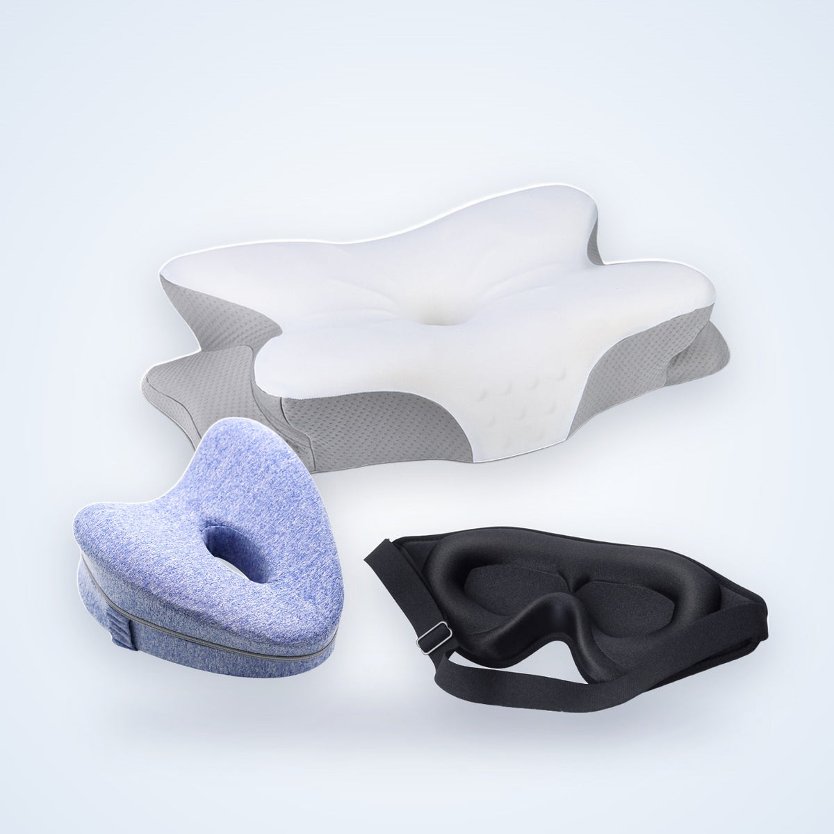 Pack Sommeil NAGOMI : un oreiller cervical, un coussin de genoux et un masque de nuit