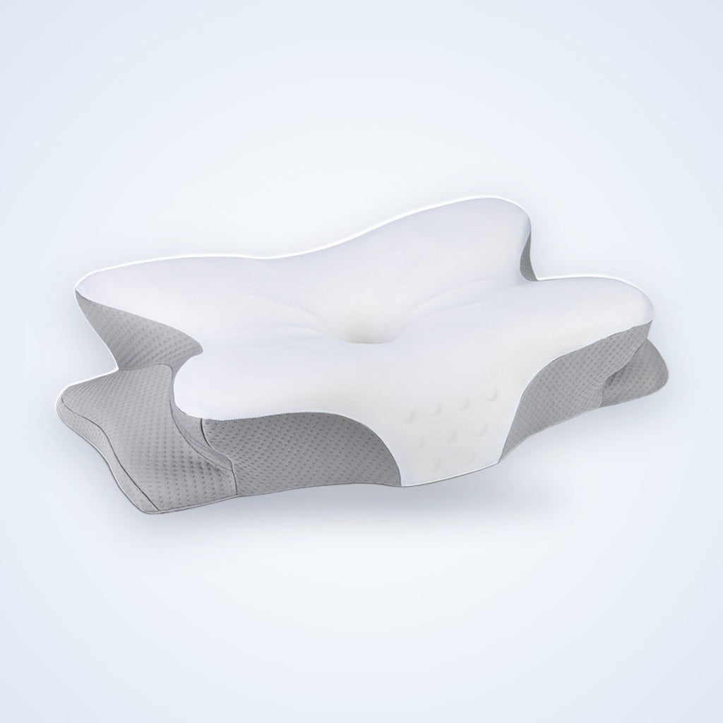 Oreiller cervical NAGOMI à mémoire de forme, dessus blanc et flancs en maille grise