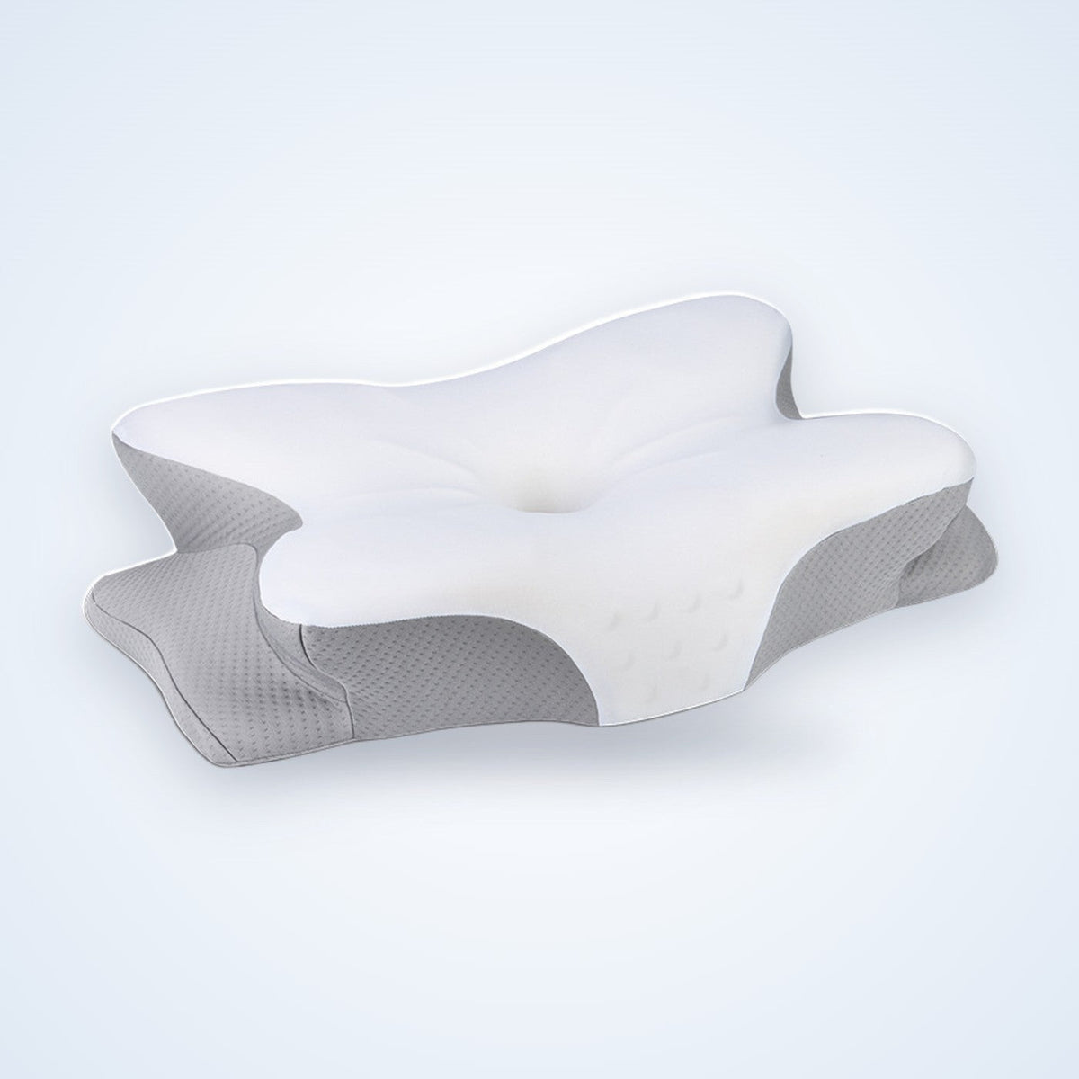 Oreiller cervical NAGOMI à mémoire de forme, dessus blanc et flancs en maille grise